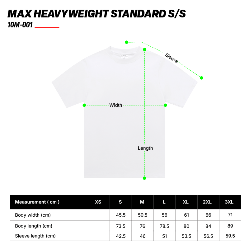 Shaka Wear 7.5oz Max Heavyweight Tee size chart