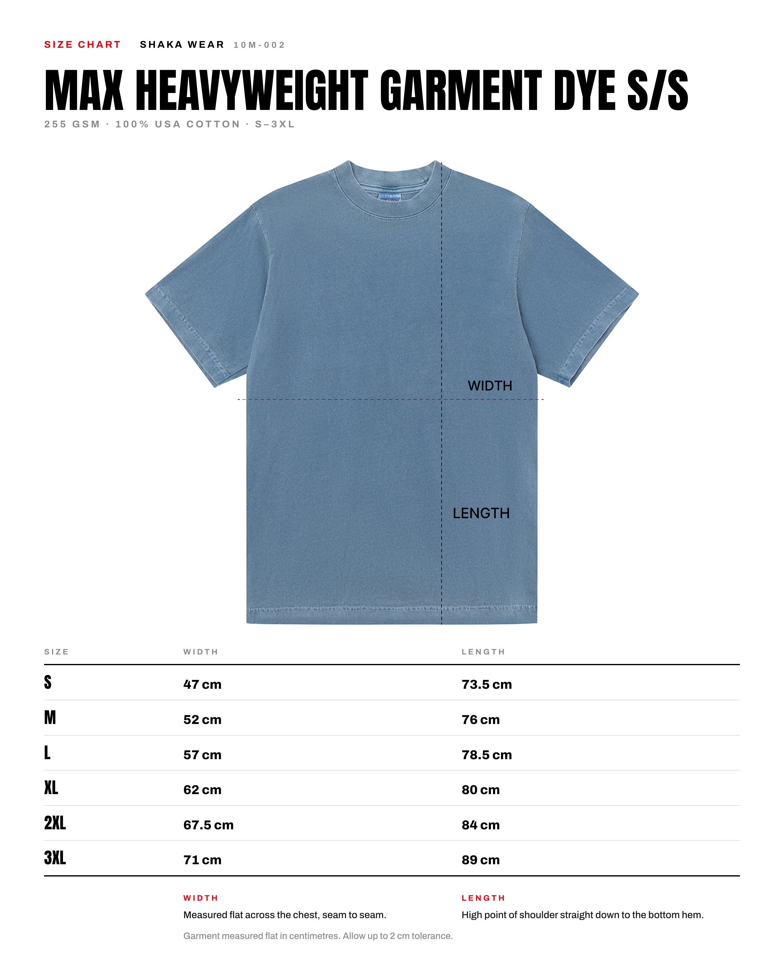 Shaka Wear 7.5oz Max Heavyweight Garment Dye Tee size chart