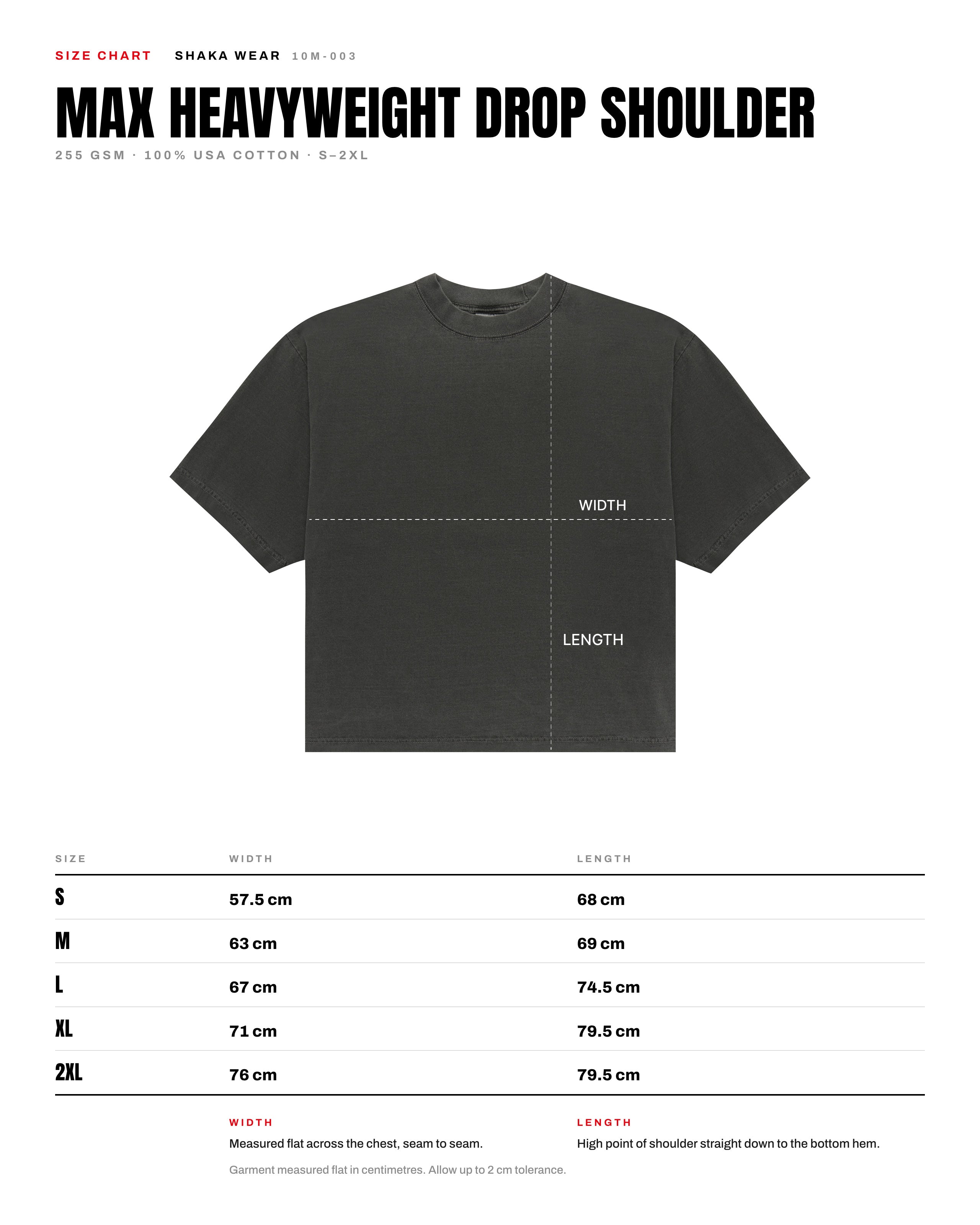 Shaka Wear 7.5oz Max Heavyweight Garment Dye Drop Shoulder Tee size chart
