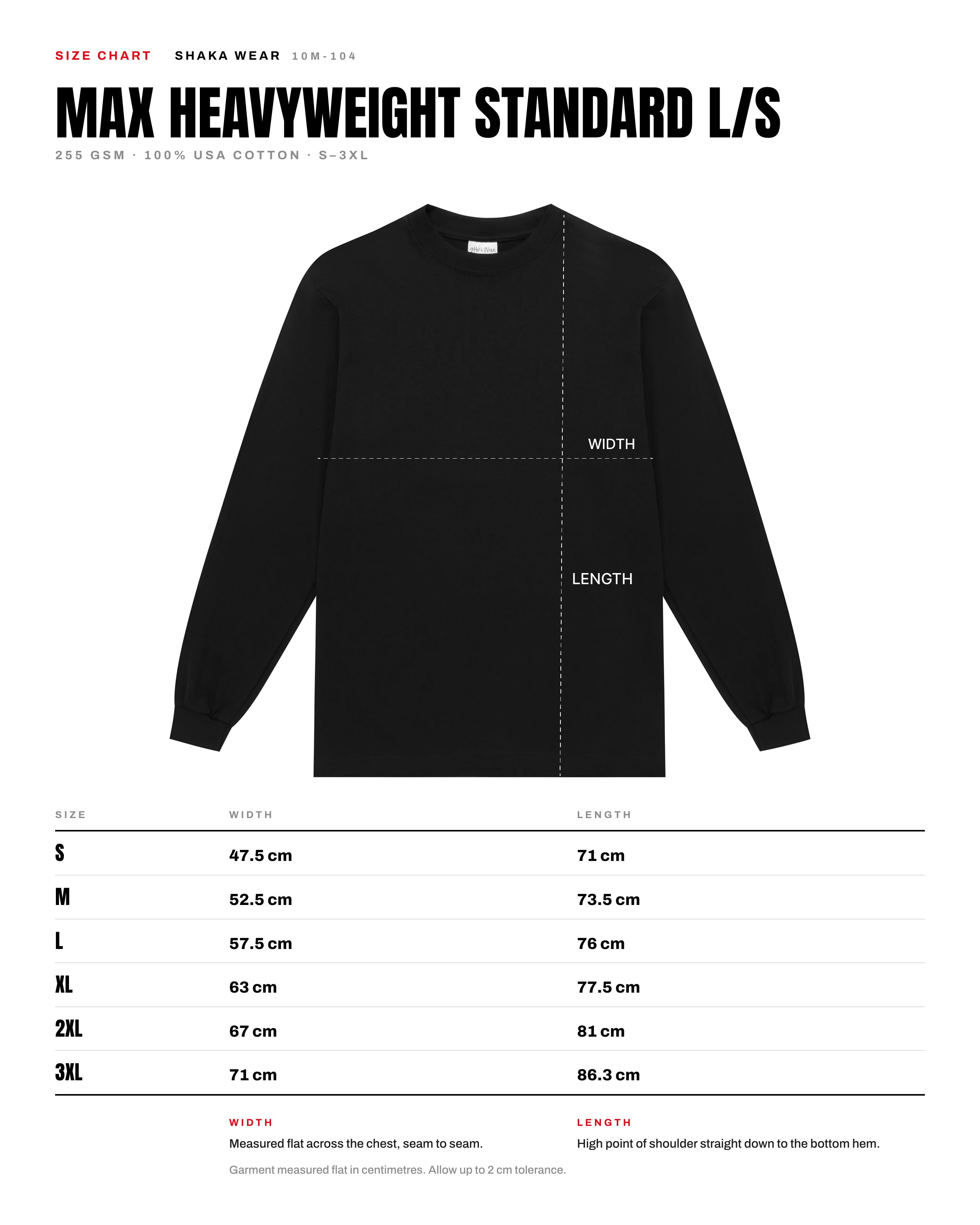 Shaka Wear 7.5oz Max Heavyweight Long Sleeve Tee size chart
